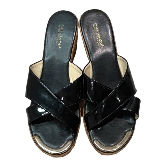 Mila Paoli black patent leather cork wedge sandals Made in Italy casual size 8 - Picture 2 of 11